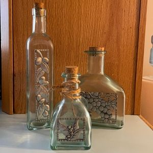 Glass decanters, set of 3, with silver accents